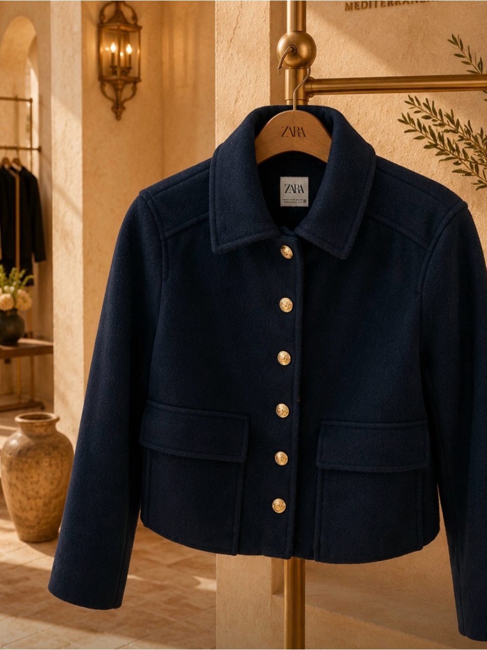 ZARA Navy Blue Cropped Jacket Gold Button Front Women's Size XS
